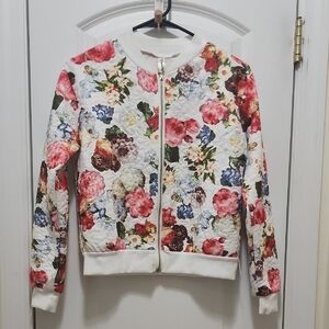 White with Floral Print Women's Lightweight Bomber Jacket Size Small